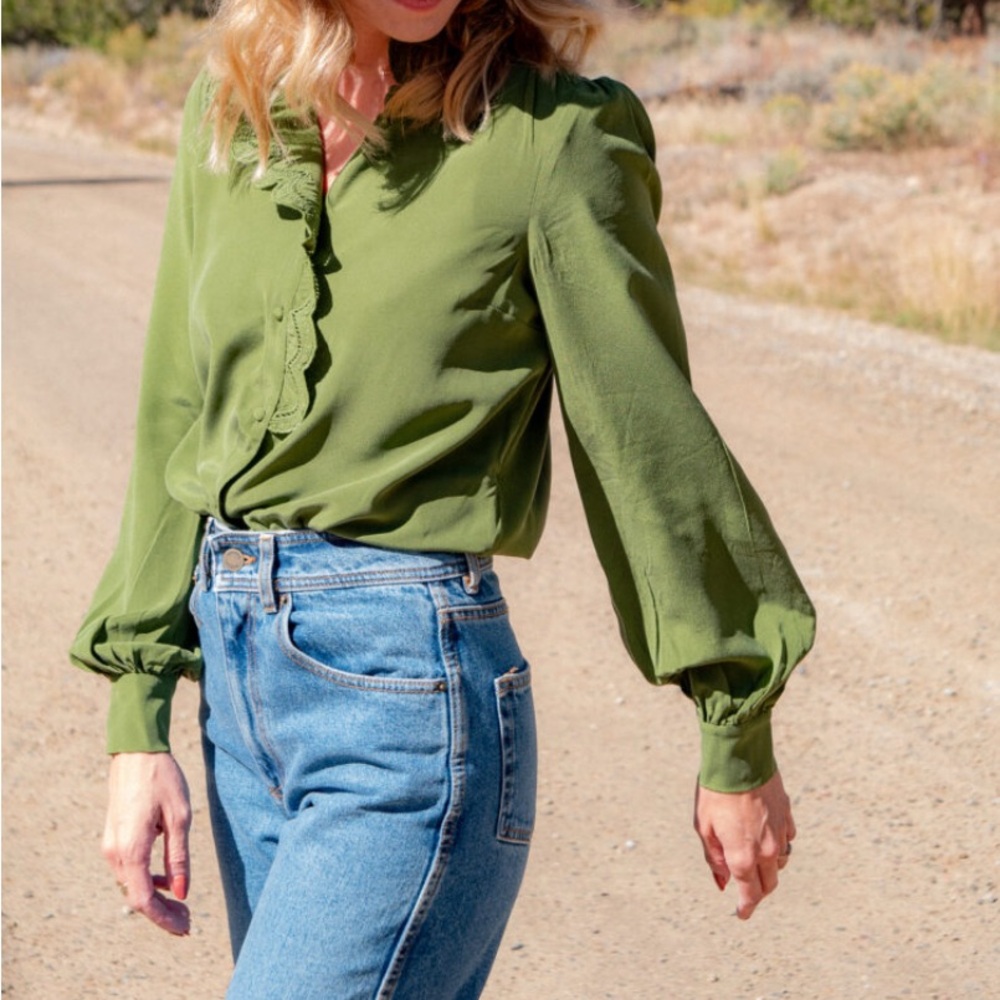 Sezane Chlo Shirt in Olive - Puff Sleeve Blouse